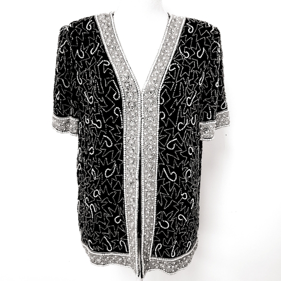 Vintage Laurence Kazer New York 100% Silk Beaded Short Sleeve Jacket XL EUC - Picture 13 of 13